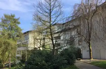 Schulgebäude einer Waldorfschule mit Bäumen im Garten.